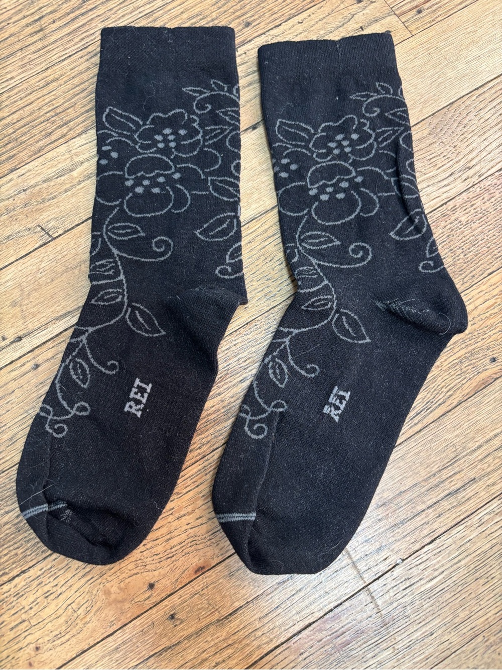 REI Black Crew Socks with Gray Floral Design